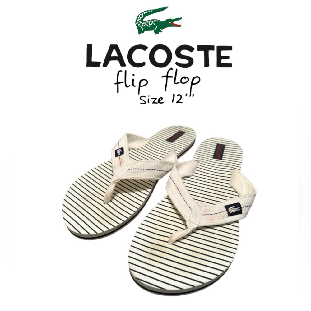 🐊 Lacoste men’s flip flops white with navy blue stripes size 12